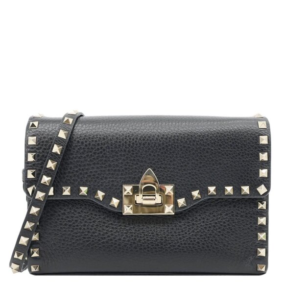 Valentino  Rockstud Flip Lock Small Grained Calfskin Leather Crossbody Bag Black - Picture 1 of 10